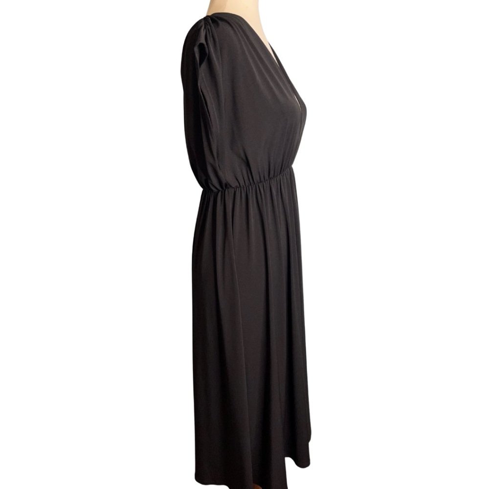 ASOS Deep V-Neck Black Midi Dress Elastic Waist Short Dolman Sleeves Versatile L - Picture 7 of 8